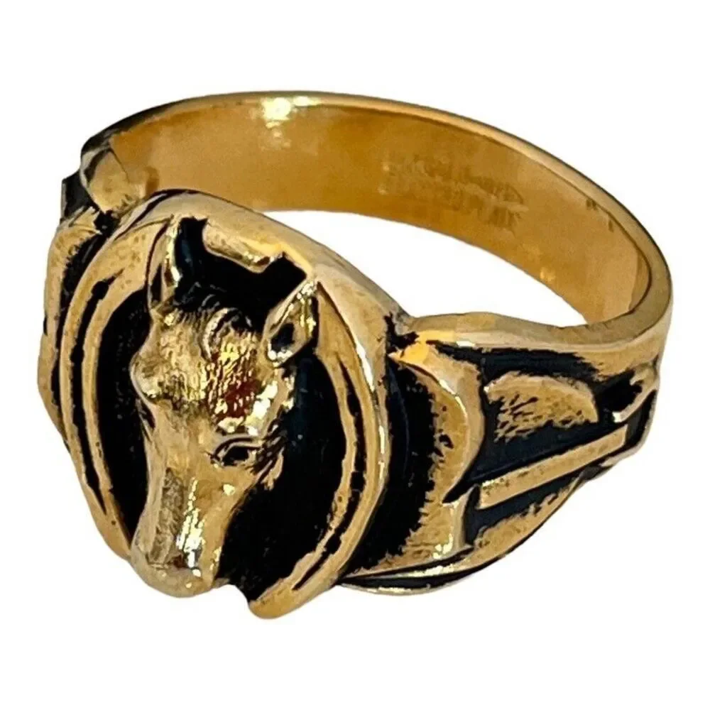 Vintage 1970s Ring Size 11 Clark Coombs Horse Horseshoe Figural Gold Plate - 14P